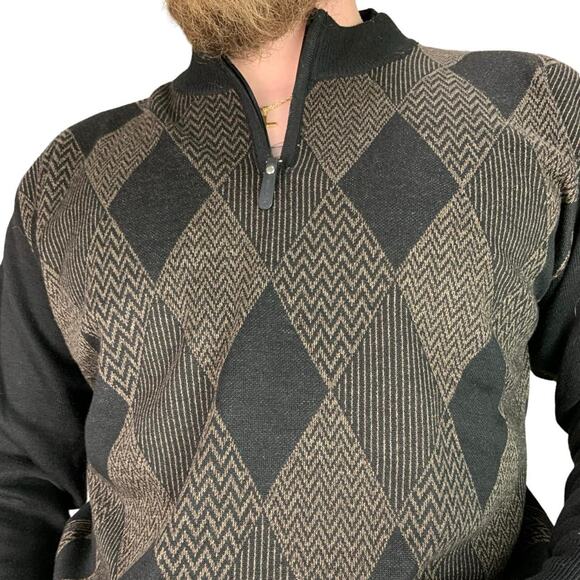 Vintage Patterned Knit Quarter Zip 90s Sweater - Picture 2 of 5